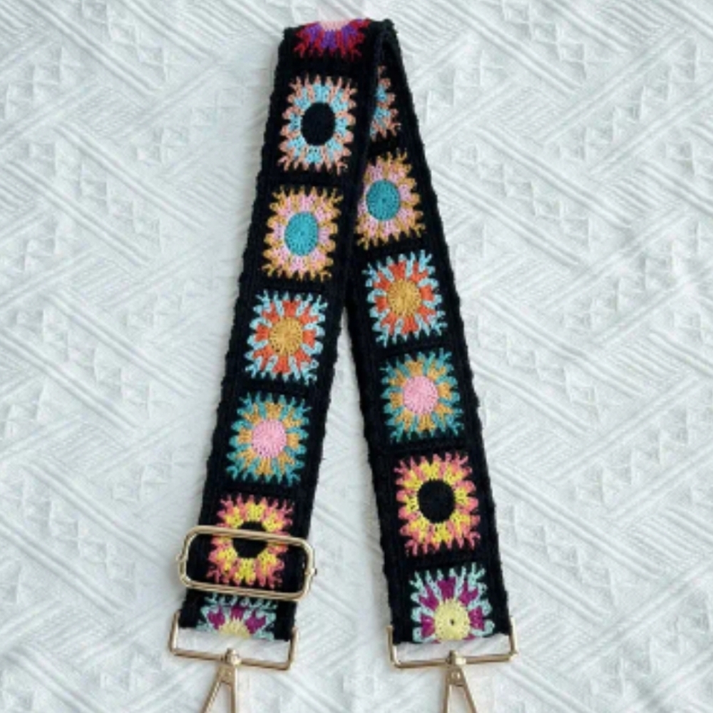 🌸 Black & Floral Crochet Bag Strap